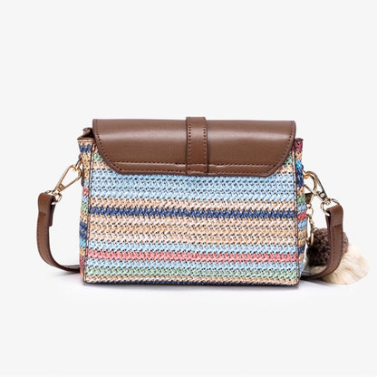Radiant Rainbow Striped Woven Vegan Eco-Leather Flap Clutch Bag with Lovely Charm