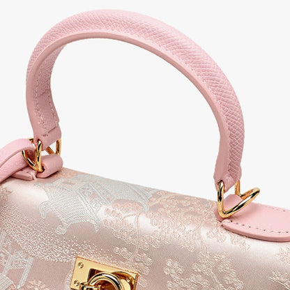 Elegant Oriental Brocade Genuine Leather Kelly Clutch Bag with Charm