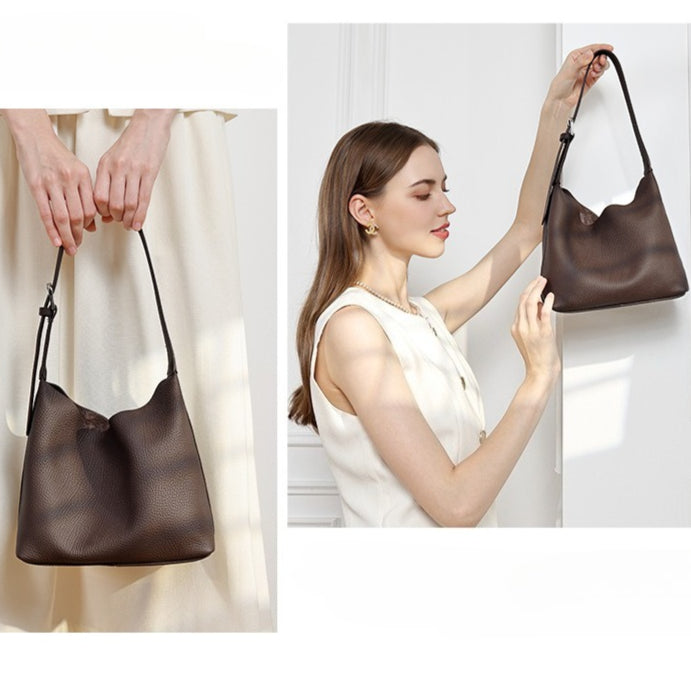 Versatile Genuine Leather Hobo Bucket Bag with Adjustable Shoulder Strap