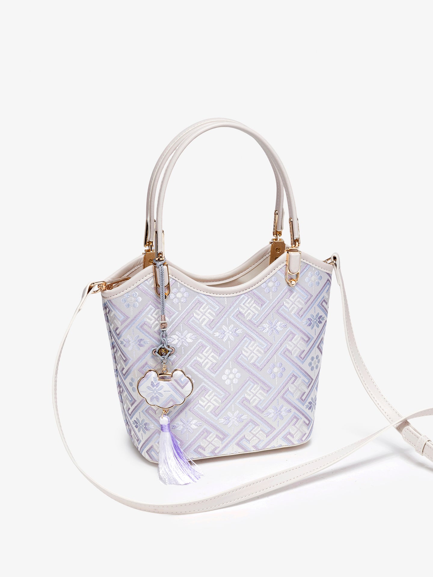 Opulent Brocade Vegan Eco-Leather Bucket Clutch Bag with Tassel Charm