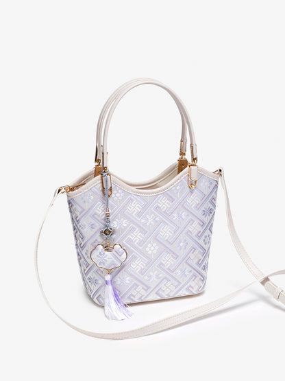 Opulent Brocade Vegan Eco-Leather Bucket Clutch Bag with Tassel Charm