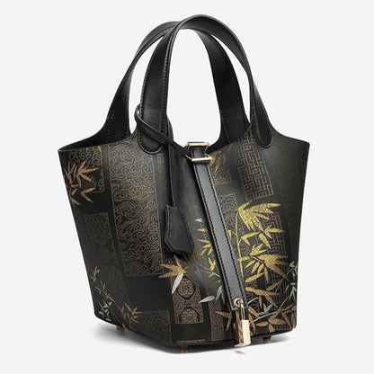 Serene Oriental Garden Genuine Leather Bucket Clutch Bag with Charm