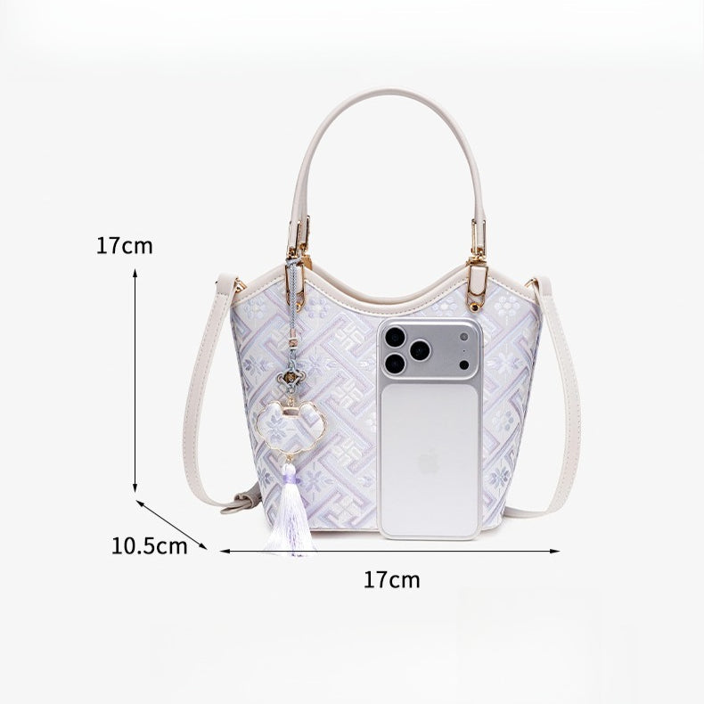 Opulent Brocade Vegan Eco-Leather Bucket Clutch Bag with Tassel Charm