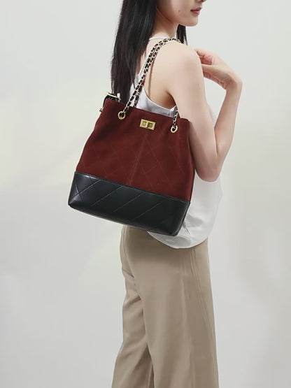 Suede Genuine Leather Color Block Chain Bucket Bag