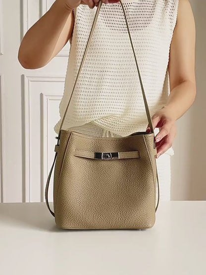 Timeless Genuine Leather Bucket Bag with Polished Double-D Luxury Hardware