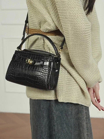 Croc-Embossed Leather Top-Handle Bag with Signature Gilded Hardware