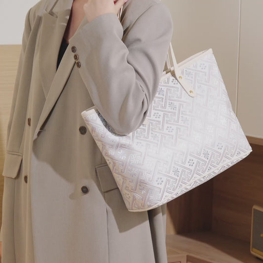 Graceful Oriental Motif Geometric Vegan Eco-Leather Tote Bag