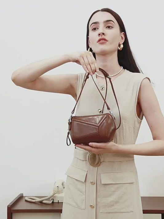 Damen Vintage Umhängetasche aus echtem Leder mit geometrischem Patchwork
