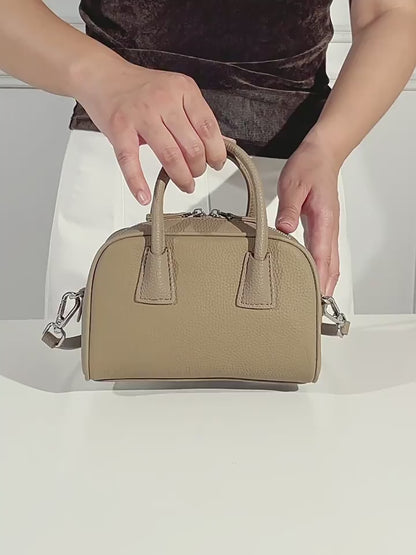 Cushiony Pebbled Genuine Leather Mini Boston Clutch Bag