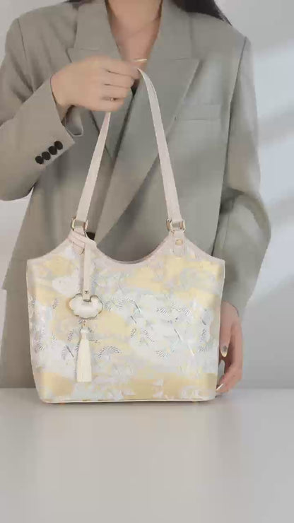 Ethereal Crane Pattern Vegan Eco-Leather Tote Clutch Bag with Tassel Charm
