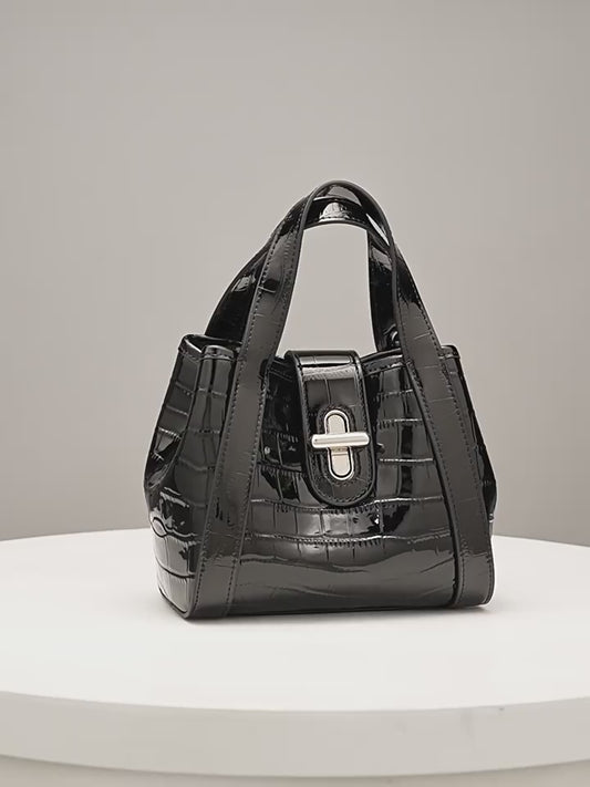 Croc-Embossed Leather Buckle Top-Handle Bucket Bag