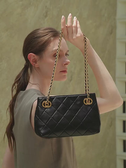 Classic Quilted Sheepskin Genuine Leather Chain Mini Tote Clutch Bag