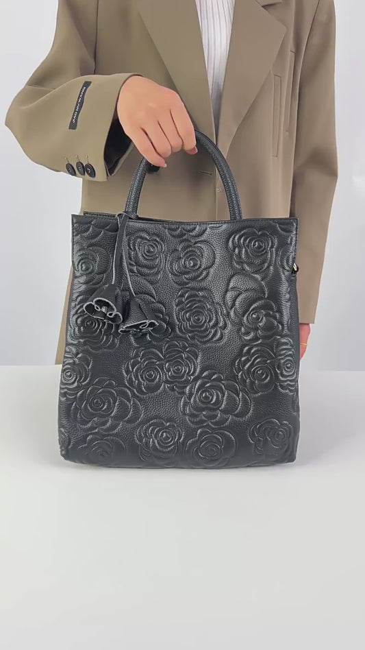 Genuine Leather Rose Embossed Tote Bag With Detachable Strap