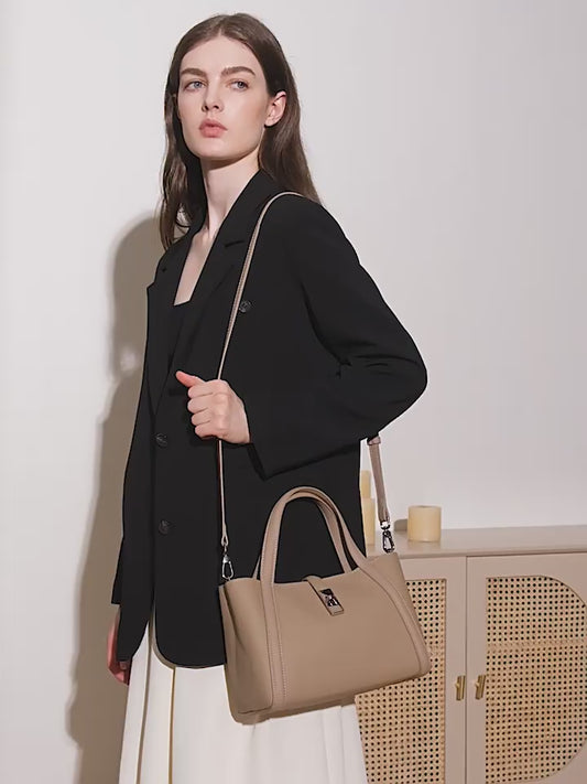 Women's Top-Grain Leather Handheld Crossbody Bag with Lock Closure