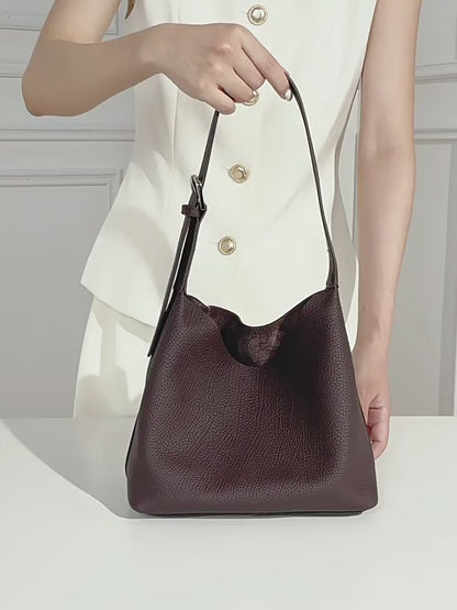 Versatile Genuine Leather Hobo Bucket Bag with Adjustable Shoulder Strap