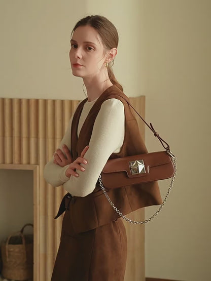 Minimalist Smooth Genuine Leather Silver Buckle Baguette Bag