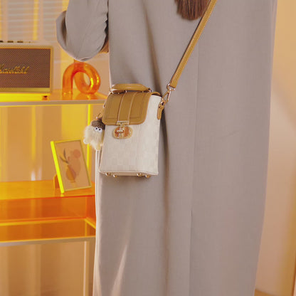 Elegant Color-Block Vegan Eco-Leather Clutch Phone Bag with Fluffy Charm