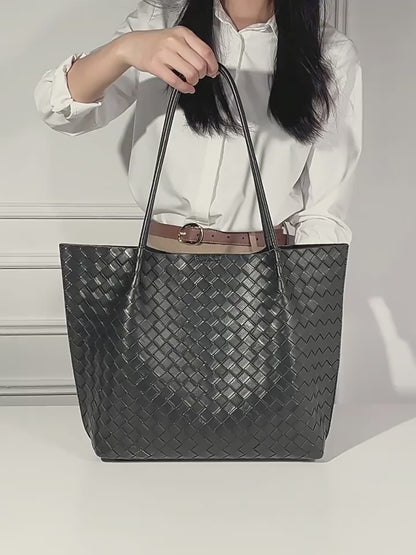 Minimalist Woven Genuine Leather Spacious Tote Clutch Bag