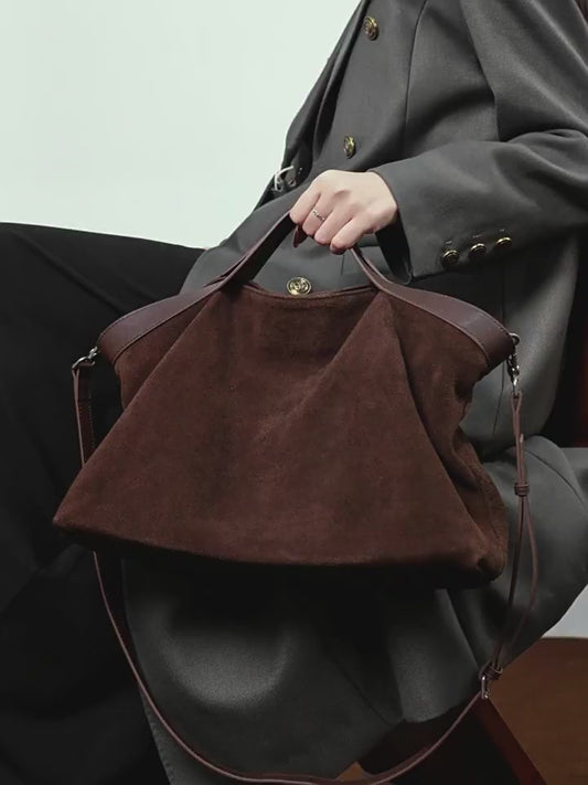 Bolso Tote Estructurado de Ante de Chocolate y Cuero Genuino