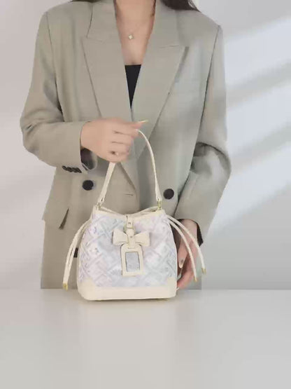 Delicate Geometric Vegan Eco-Leather Petite Bucket Clutch Bag with Bow Knot Charm