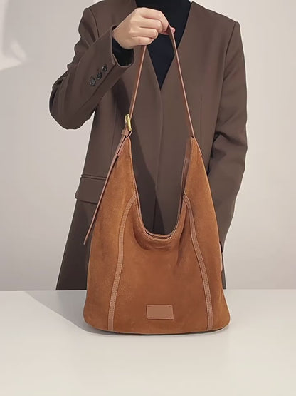 Women's Suede Structured Hobo Bag with Contrast Stitching