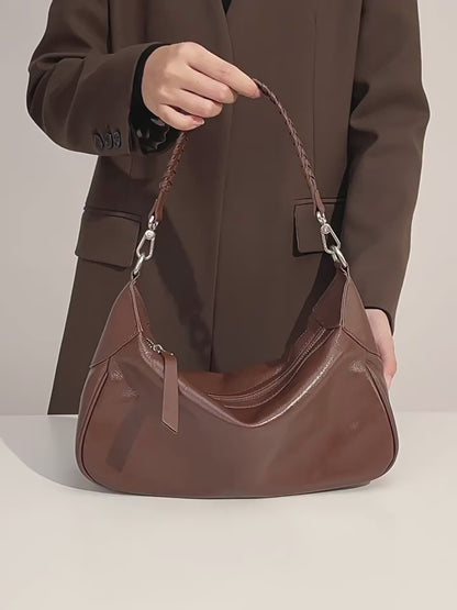 Braided-Handle Genuine Saddle Leather Hobo Bag