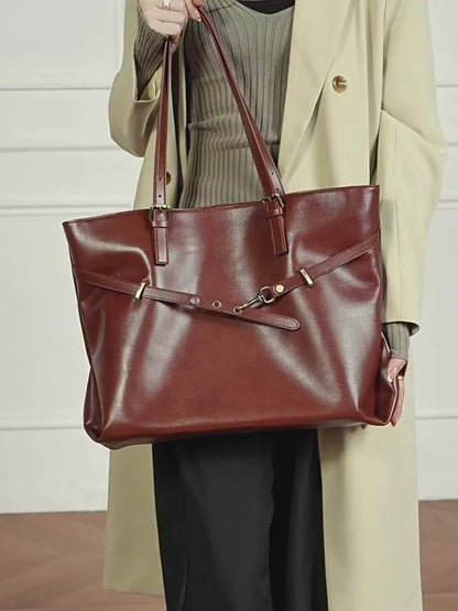 Genuine Leather Casual Tote – Large Capacity with Signature Lock Closure