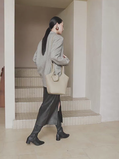 Women's Elegant Pebbled Leather Bucket Bag with Mini Pouch