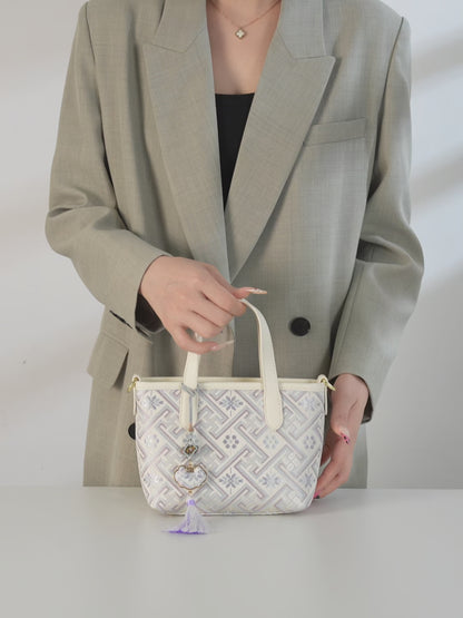 Mellow Oriental Jacquard Vegan Eco-Leather Tote Clutch Bag with Tassel Charm