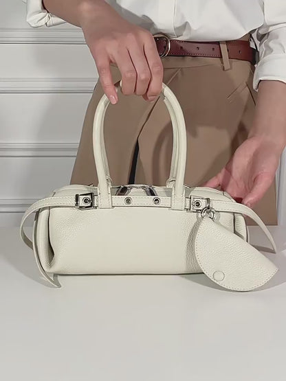 Refined Genuine Leather Petite Boston Clutch Bag with Mini Pouch