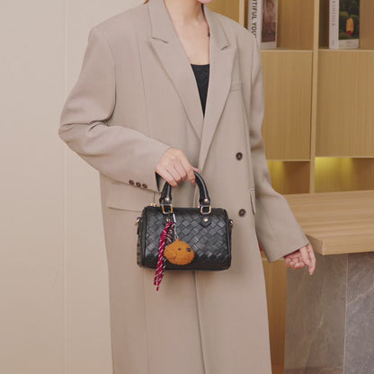 Exquisite Woven Vegan Eco-Leather Boston Clutch Bag with Playful Teddy Charm