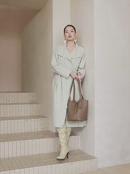 Textured Genuine Leather Tote Bag with Gold Buckle