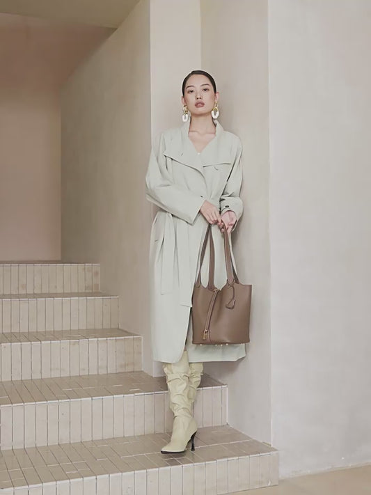 Textured Genuine Leather Tote Bag with Gold Buckle