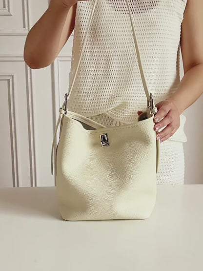 Sculpted Genuine Leather Medium Bucket Bag with Clean Linear Topstitching