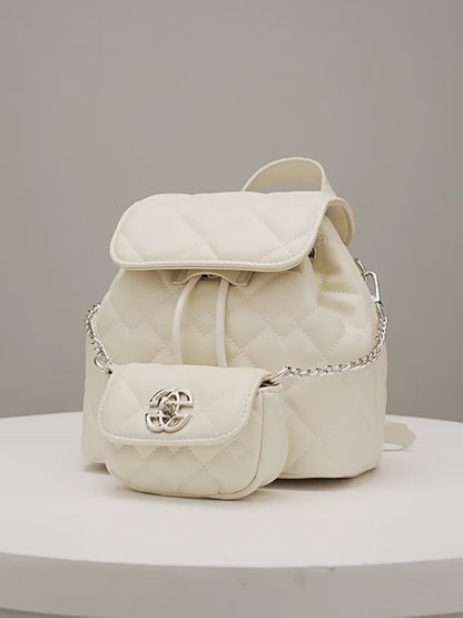 Chic Diamond-Quilted Genuine Leather Mini Backpack with Detachable Pouch