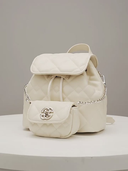 Chic Diamond-Quilted Genuine Leather Mini Backpack with Detachable Pouch
