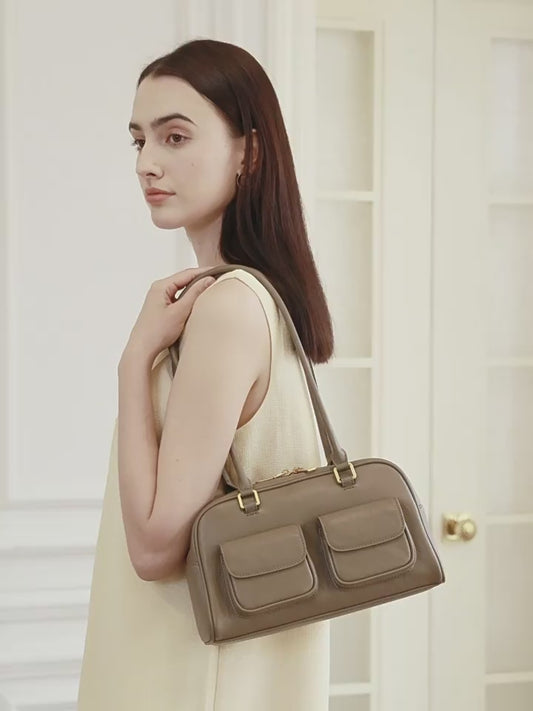 Vintage Damen Echtleder Bowling Bag Schultertasche