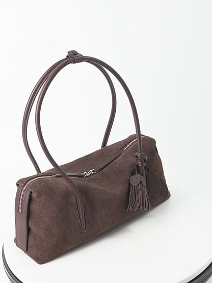 Matte Genuine Leather Tassel Pendant Shoulder Pillow Bag