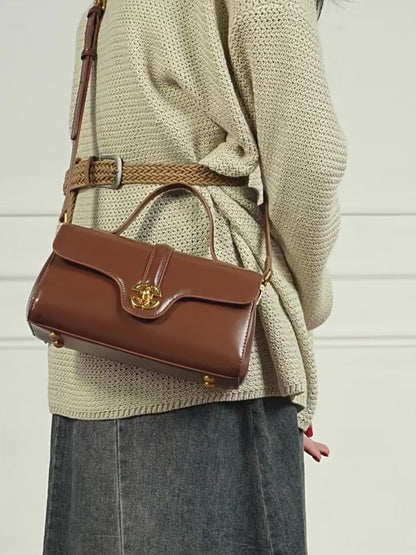 Women's Genuine Leather Top-Handle Bag with Signature Gilded Lock Closure