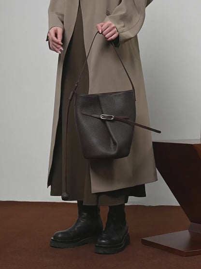 Women's Pebbled Leather Bucket Bag with Knot & Sphere Detail