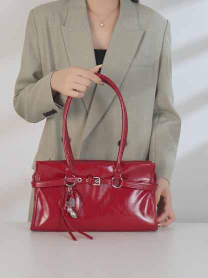 Vintage Glossy Vegan Eco‑Leather Clutch Bag with Heart Charm