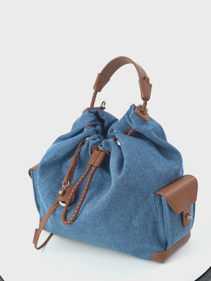 Beg Hobo Sejuk Kulit Asli Wanita dengan Tampalan Denim