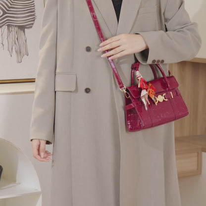 Gentle Glossy Croc Vegan Eco-Leather Satchel Clutch Bag with Silk Scarf Charm