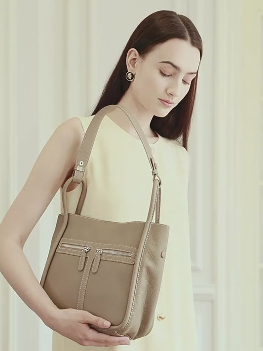 Nischen-Luxustasche aus genarbtem Leder für Damen – Doppelreißverschluss-Design mit herausnehmbarem Innenfutter