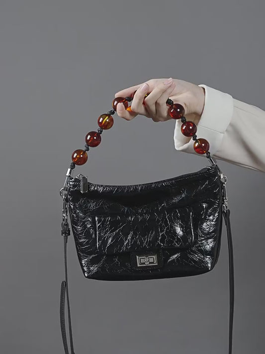 Beg Crossbody Rantai Manik Berlipat Kulit Asli Retro Wanita Waxed