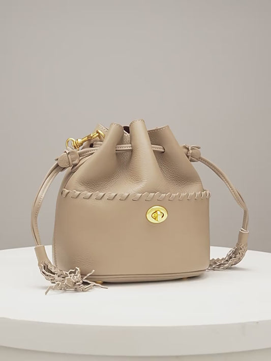 Women's Genuine Leather New Bucket Fringe Handbag Crossbody Bag
